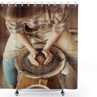 Personality  Overhead View Of Little Girl Making Pottery On Wheel At Workshop Shower Curtains
