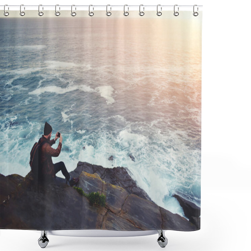 Personality  Hipster Guy Taking Pictures Of Landscape Shower Curtains