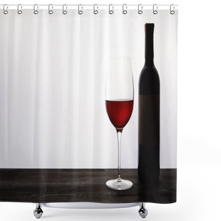 Personality  Bottle And Glass With Red Wine On Dark Wooden Table  Shower Curtains
