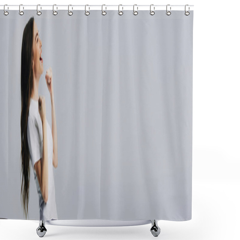 Personality  Side View Of Excited Happy Beautiful Girl In White T-shirt Showing Yes Gesture Isolated On Grey, Panoramic Shot Shower Curtains