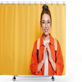 Personality  Sly Student In Eyeglasses Holding Joined Fingers While Smiling At Camera On Yellow Background Shower Curtains