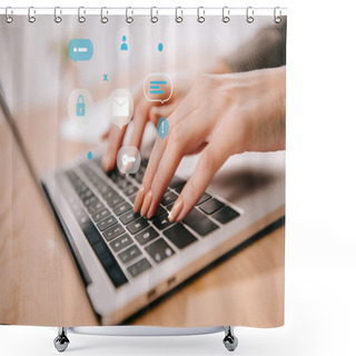 Personality  Close Up View Of Woman Typing On Laptop At Wooden Table With Email Marketing Icons Shower Curtains
