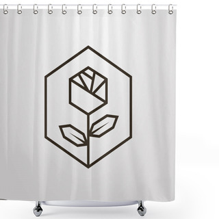 Personality  Black And White Simple Vector Line Art Geometric Symbol Of Rose Flower In A Hexagon Frame Shower Curtains