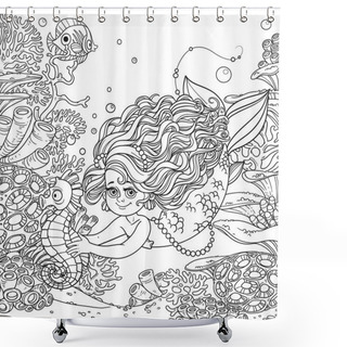Personality  Beautiful Little Mermaid Girl Swimming With Sea Horse In The Hands On Underwater World With Corals, Anemones And Fish Background Shower Curtains