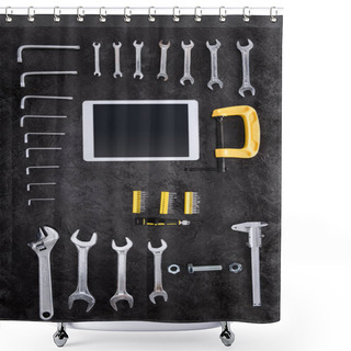 Personality  Top View Of Various Construction Tools And Digital Tablet On Black  Shower Curtains