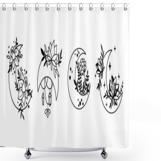 Personality  Mystical Boho Floral Moon Isolated Cliparts Bundle, Celestial Collection, Moon And Flowers Set, Magic Line Crescent Moon, Crystals Bundle, Esoteric Objects - Black And White Vector Shower Curtains
