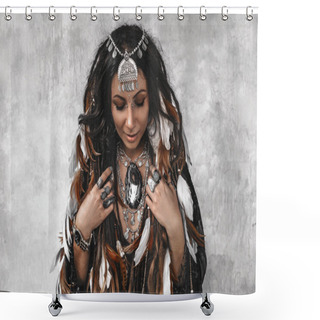 Personality  Beautiful Stylish Woman With A Lot Of Gem Stones Accessories  Shower Curtains
