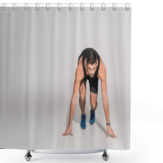 Personality  Sportive Young Runner In Start Position On White Shower Curtains