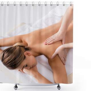 Personality  High Angle View Of Masseur Massaging Back Of Woman On Massage Table  Shower Curtains