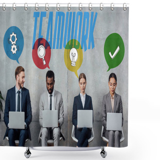 Personality  Multiethnic Businesspeople Sitting On Chairs And Using Laptops In Waiting Hall With Teamwork Lettering And Speech Bubbles Illustration Above Heads Shower Curtains