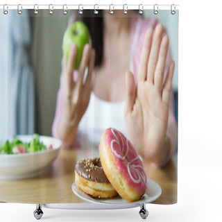 Personality  Young Girl Rejecting Junk Food Or Unhealthy Food Such As Donuts And Choosing Healthy Food Such As A Green Apple And Salad For Having A Good Health. Dieting And Good Health Concept. Shower Curtains