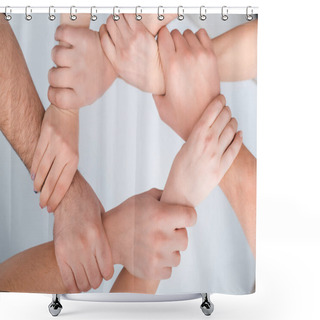 Personality  Top View Of Women And Man With Joined Hands Together On White, Human Rights Concept  Shower Curtains