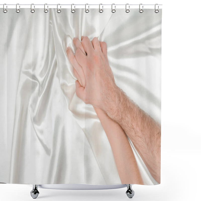 Personality  Top View Of Male Hand Tightly Holding Female Hand On Silk White Cloth Shower Curtains