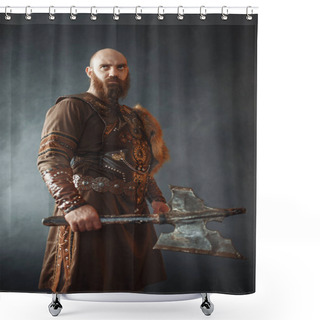 Personality  Angry Viking With Axe, Martial Spirit, Barbarian Image. Ancient Warrior In Smoke Closeup Shower Curtains