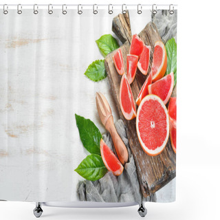 Personality  Fresh Juicy Grapefruit With Leaves. Citrus Fruits On White Wooden Background. Top View. Free Copy Space. Shower Curtains