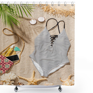 Personality  Top View Of Swimsuit And Accessories Lying On Sandy Beach Shower Curtains