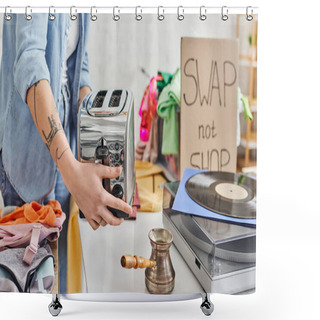 Personality  Partial View Of Young And Tattooed Woman Holding Electric Toaster Near Vinyl Record Player, Cezve And Second-hand Clothes During Swap Not Shop Event, Sustainable Living And Circular Economy Concept Shower Curtains