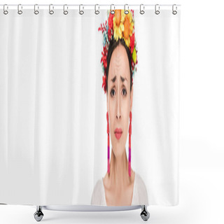 Personality  Upset Brunette Young Woman In National Ukrainian Embroidered Shirt And Floral Wreath Isolated On White, Panoramic Shot Shower Curtains