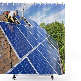 Personality  Man Installing Alternative Energy Photovoltaic Solar Panels On Roof Shower Curtains