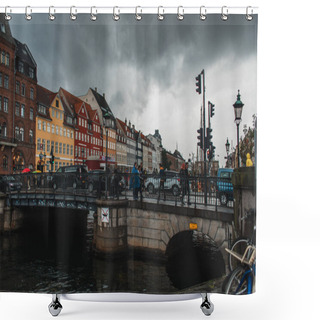 Personality  COPENHAGEN, DENMARK - APRIL 30, 2020: People Walking On Bridge Near Canal With Nyhavn Urban Street And Cloudy Sky At Background   Shower Curtains