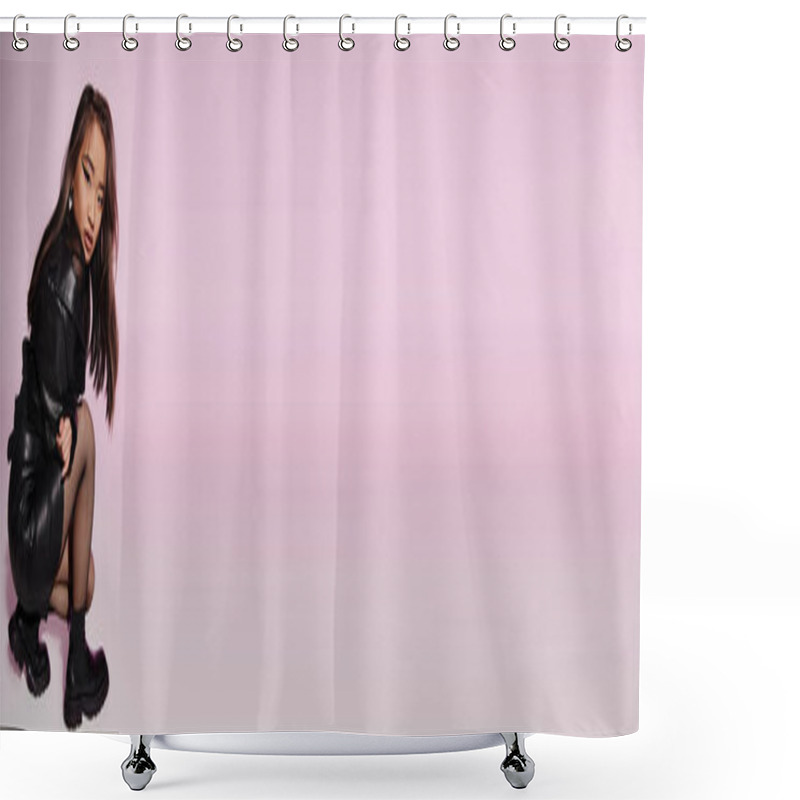 Personality  Banner Of Woman In Black Leather Outfit With Heavy Makeup Sideways Crouched Down And Hug Herself Shower Curtains