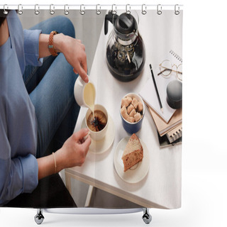 Personality  Cropped Shot Of Woman Pouring Cream Into Cup Of Coffee With Cane Sugar And Piece Of Cake On Coffee Table Shower Curtains
