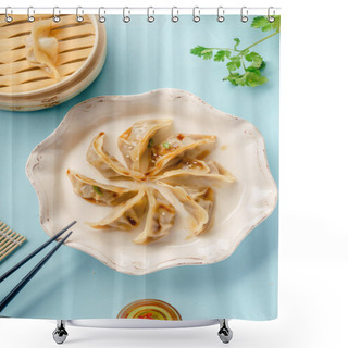 Personality  Gyoza Dumplings With Duck Cooked In Bamboo Steamer Served On Plate With Soy Sauce And Sesame Seeds On Blue Background, Top View Shower Curtains