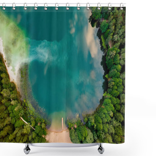 Personality  Aerial Top Down View Of Beautiful Green Waters Of Lake Gela. Birds Eye View Of Scenic Emerald Lake Surrounded By Pine Forests. Clouds Reflecting In Gela Lake, Near Vilnius City, Lithuania. Shower Curtains