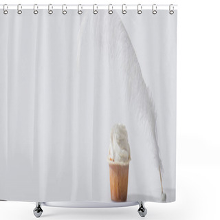 Personality  Weightless And Soft Feather Near Tasty Cupcake On White, Banner Shower Curtains