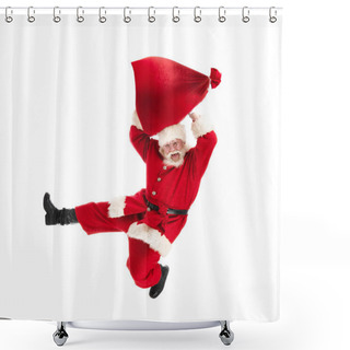 Personality  Santa Claus Jump With Gifts Bag Isolated On White Background Shower Curtains