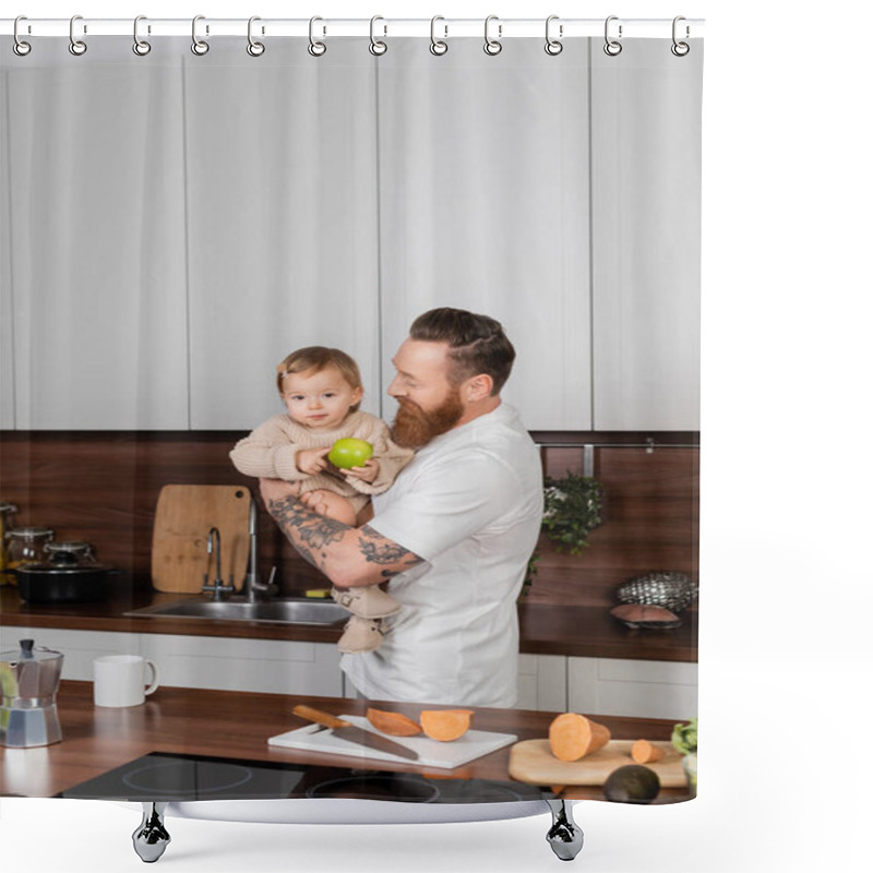 Personality  Bearded Man Holding Toddler Daughter With Apple In Kitchen At Home  Shower Curtains