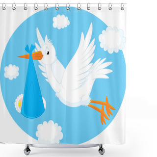 Personality  White Stork Carrying A Newborn Baby To His Parents Shower Curtains