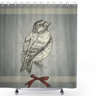 Personality  Greeting Card Retro Style With Bird And Red Bow Shower Curtains