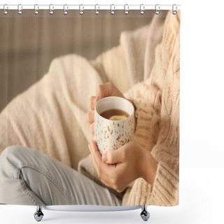 Personality  Young Woman Drinking Hot Tea At Home, Closeup Shower Curtains