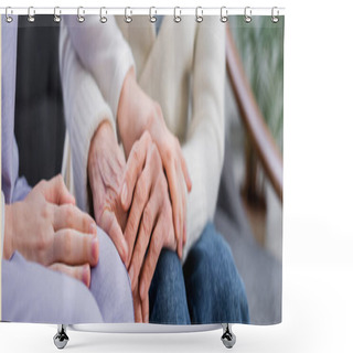 Personality  Partial View Of Young Social Worker Touching Hand Of Aged Woman, Banner Shower Curtains