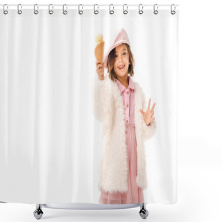 Personality  Beautiful Happy Child In Stylish Clothes With Ice Cream Looking At Camera Isolated On White Shower Curtains