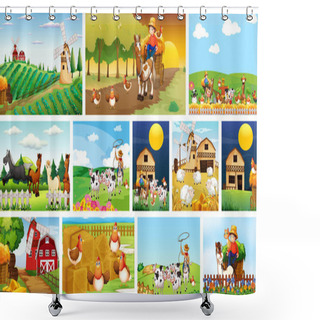 Personality  Set Of Different Farm Scenes With Animal Farm Cartoon Style Illustration Shower Curtains