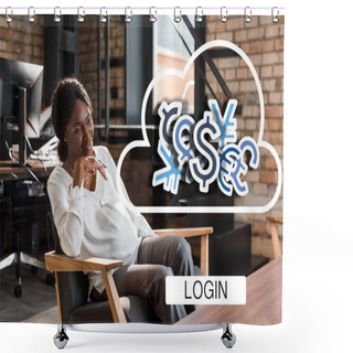 Personality  Smiling, Pregnant African American Businesswoman Sitting In Armchair And Looking Away, Currency Illustration Shower Curtains