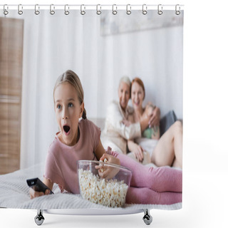 Personality  Shocked Child Watching Tv Near Popcorn And Blurred Mothers On Bed  Shower Curtains