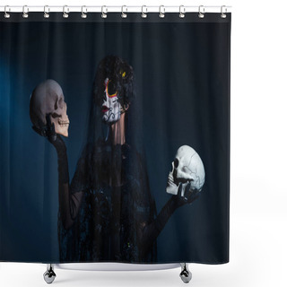 Personality  Woman In Traditional Mexican Day Of Dead Makeup And Costume Holding Skulls On Dark Blue Background Shower Curtains