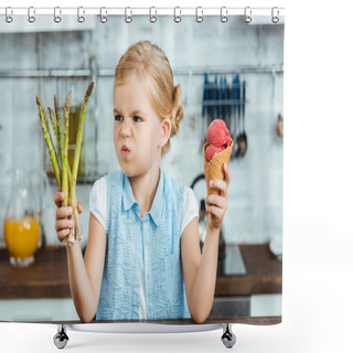 Personality  Unhappy Child Holding Delicious Ice Cream Cone And Healthy Asparagus Shower Curtains