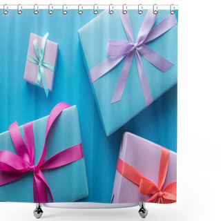 Personality  Top View Of Colorful Gift Boxes With Ribbons On Blue Background Shower Curtains