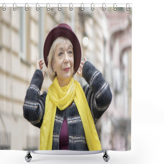 Personality  An Elderly Woman 60-65 Years Old Adjusts A Fashionable Hat On The Background Of The City Landscape. Concept: Retirement, Tourism And Travel, Fashionista Of Advanced Years, Excellent Health. Shower Curtains