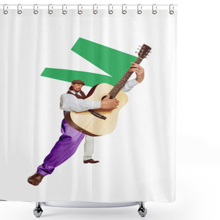 Personality  Poster. Contemporary Art Collage. Talented Man With Long Legs And Arms Playing Guitar. Trendy Urban Magazine Style. Concept Of Music And Dance, Self-expression, Inspiration, Craetivity. Shower Curtains