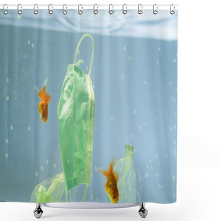Personality  Plastic Garbage And Medical Mask Near Goldfishes In Water, Ecology Concept Shower Curtains