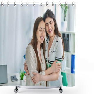 Personality  Cheerful Lesbian Couple Smiling With Closed Eyes And Hugging Warmly, In Vitro Fertilization Concept Shower Curtains