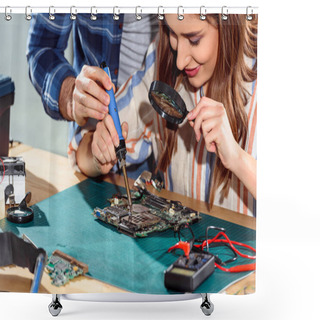 Personality  Man Helping Woman Soldering Elements Of Circuit Board Shower Curtains