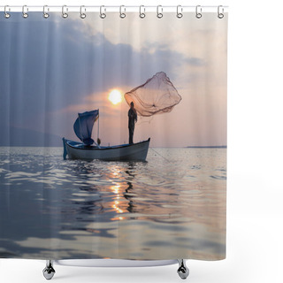 Personality  Fisherman Throught Net To Lake On Sunset Time Shower Curtains