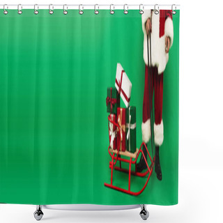 Personality  Cropped View Of Santa Claus In Costume Standing Near Presents On Sleigh On Green Background, Banner  Shower Curtains