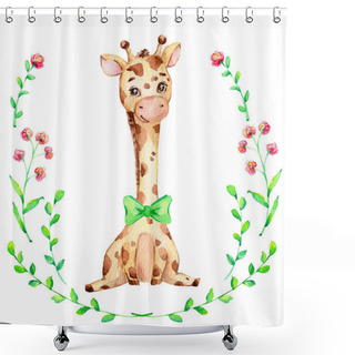 Personality  Cute Little Giraffe And Green Bow Tie And Wreath; Watercolor Hand Draw Illustration; Can Be Used For Baby Shower Or Kid Poster; With White Isolated Background Shower Curtains